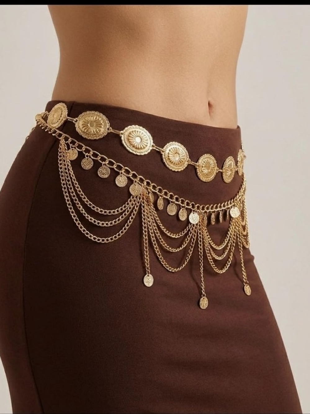 Trendy Gold Layered Waist Chain Coin Belly Body Chain Adjustable Belt.